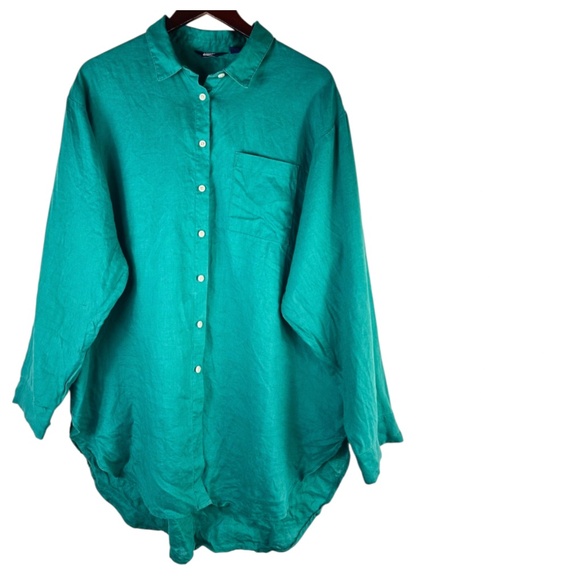 Lands End Long Tunic Shirt Top Button Down LINEN Sz Large XL 14 16 Green Teal - Picture 2 of 5